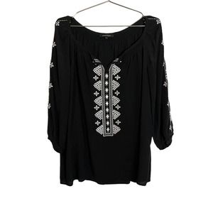 SOLD Nanette Lepore Black Silk White Embroidered Boho Peasant Top L